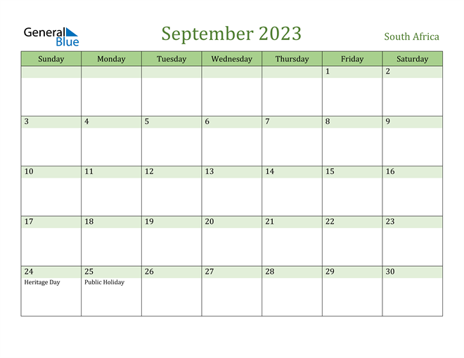 September 2023 Calendar With South Africa Holidays