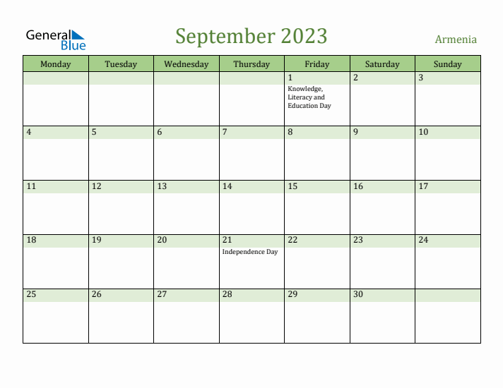 September 2023 Calendar with Armenia Holidays