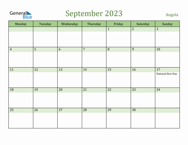 September 2023 Calendar with Angola Holidays