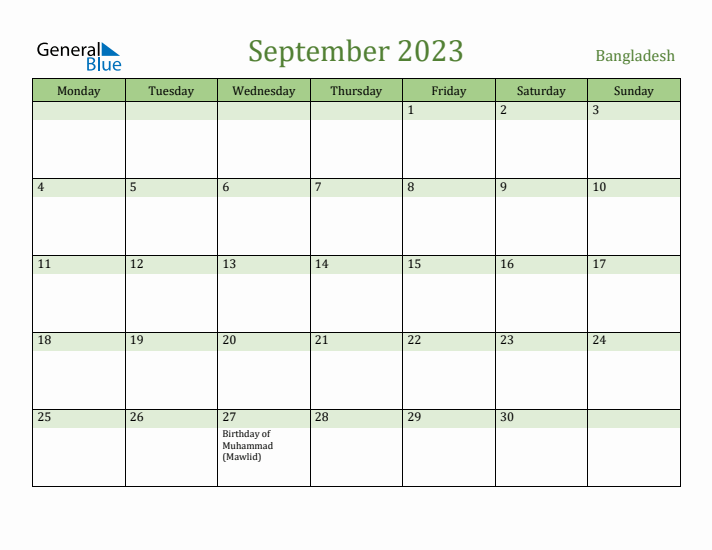 September 2023 Calendar with Bangladesh Holidays