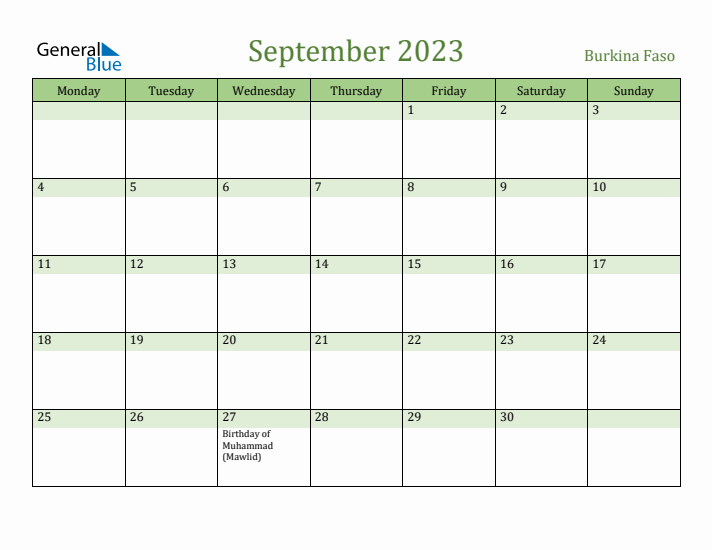 September 2023 Calendar with Burkina Faso Holidays
