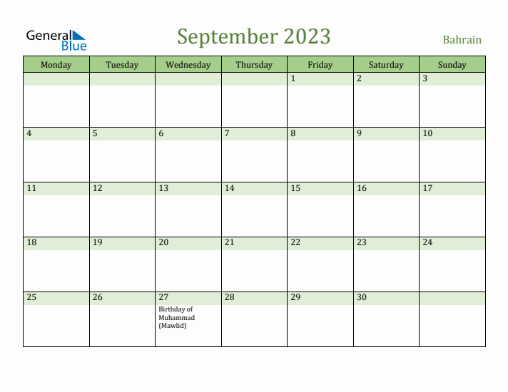 September 2023 Calendar with Bahrain Holidays