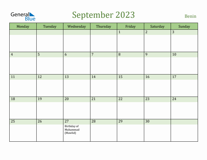 September 2023 Calendar with Benin Holidays