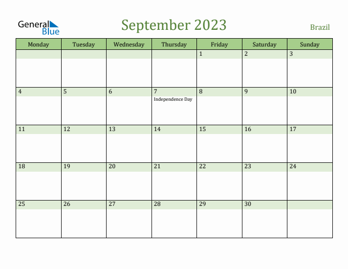 September 2023 Calendar with Brazil Holidays