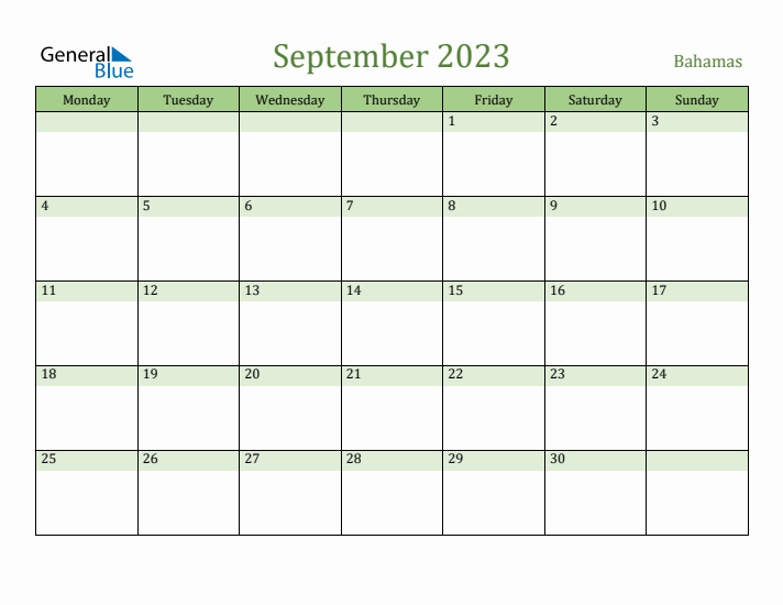 September 2023 Calendar with Bahamas Holidays