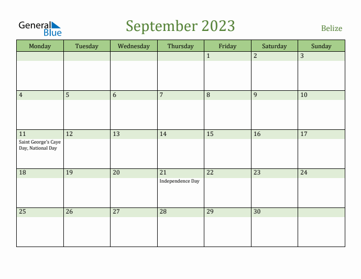 September 2023 Calendar with Belize Holidays