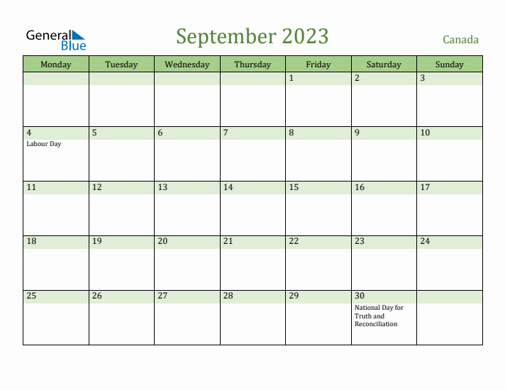 September 2023 Calendar with Canada Holidays
