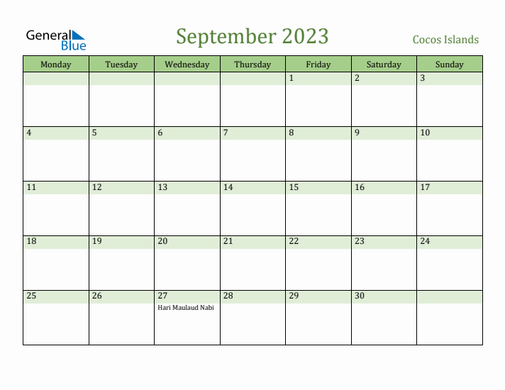 September 2023 Calendar with Cocos Islands Holidays