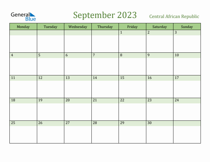 September 2023 Calendar with Central African Republic Holidays