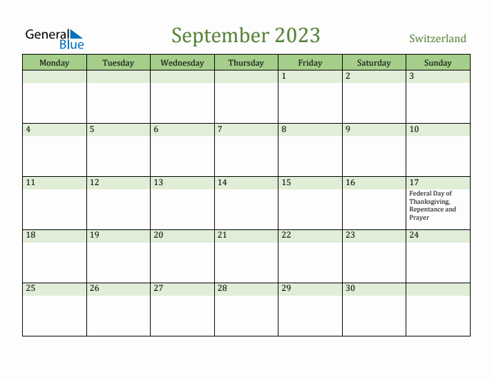 September 2023 Calendar with Switzerland Holidays
