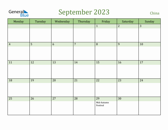 September 2023 Calendar with China Holidays