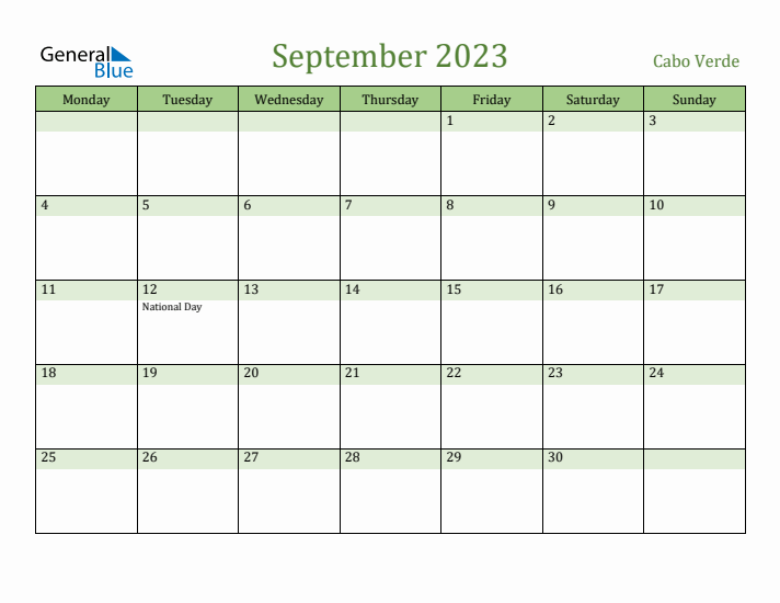 September 2023 Calendar with Cabo Verde Holidays