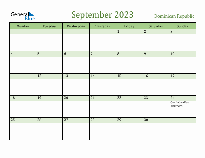 September 2023 Calendar with Dominican Republic Holidays
