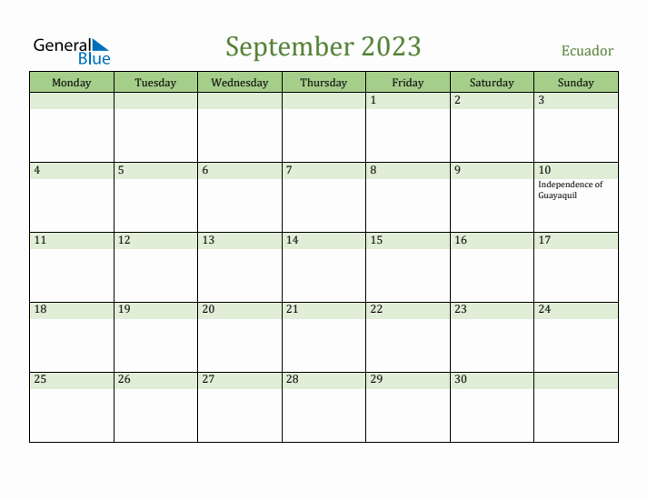 September 2023 Calendar with Ecuador Holidays