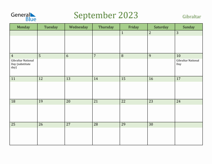 September 2023 Calendar with Gibraltar Holidays