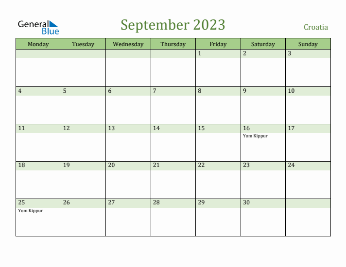 September 2023 Calendar with Croatia Holidays