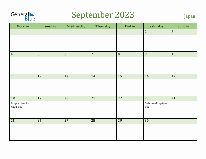 September 2023 Calendar with Japan Holidays