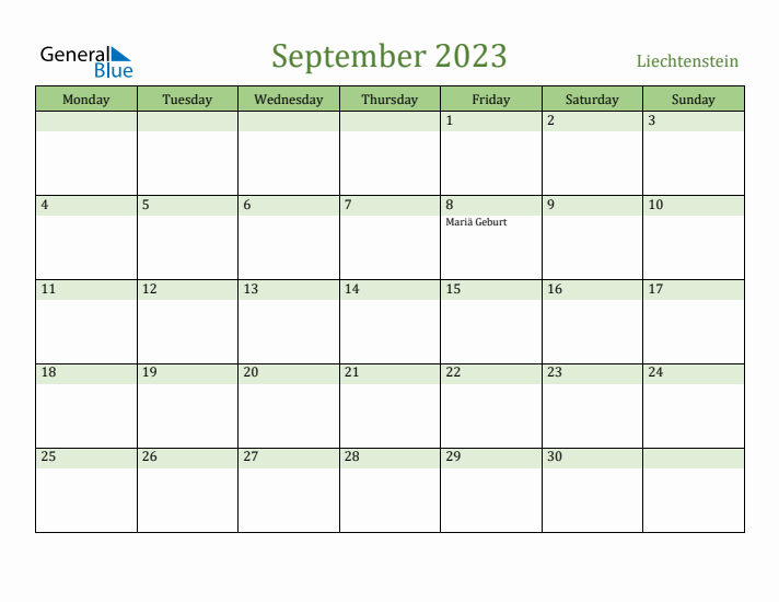 September 2023 Calendar with Liechtenstein Holidays