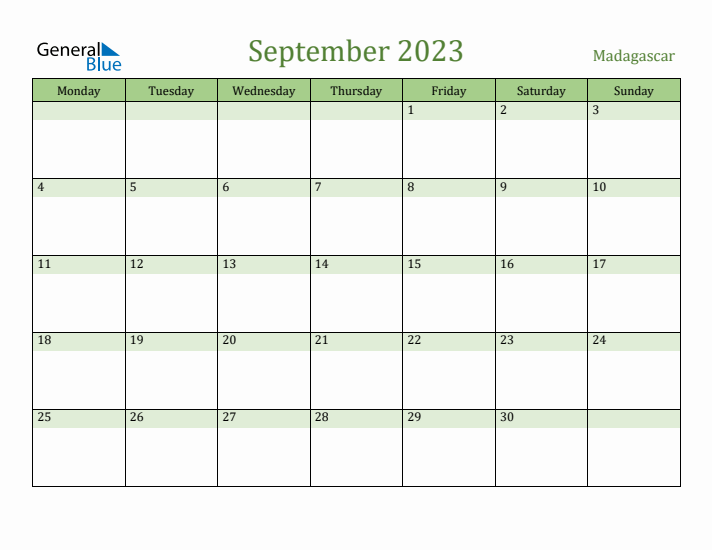 September 2023 Calendar with Madagascar Holidays