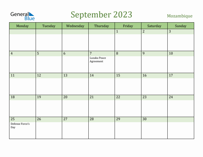September 2023 Calendar with Mozambique Holidays