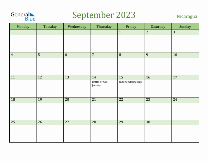 September 2023 Calendar with Nicaragua Holidays