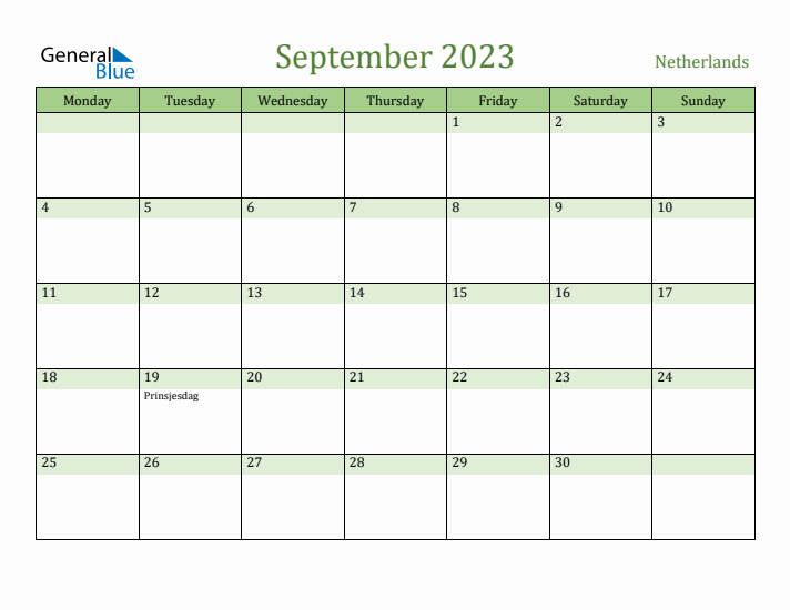 September 2023 Calendar with The Netherlands Holidays