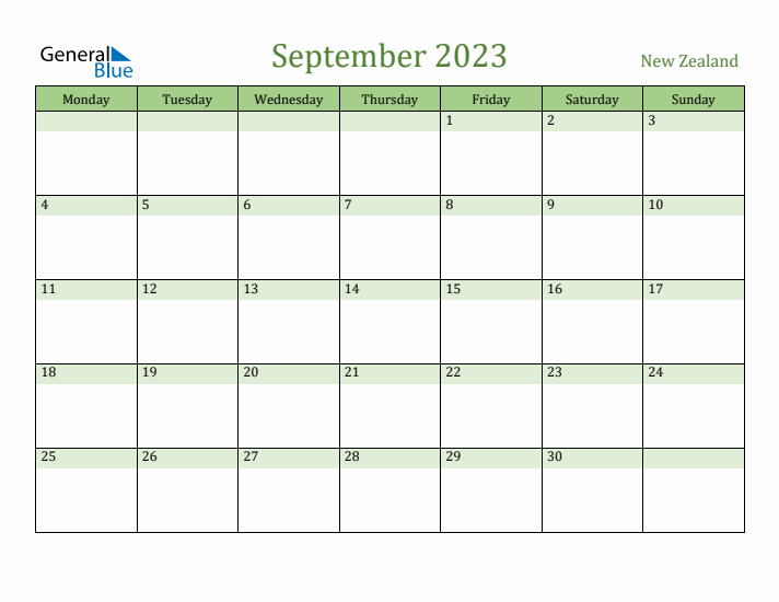 September 2023 Calendar with New Zealand Holidays