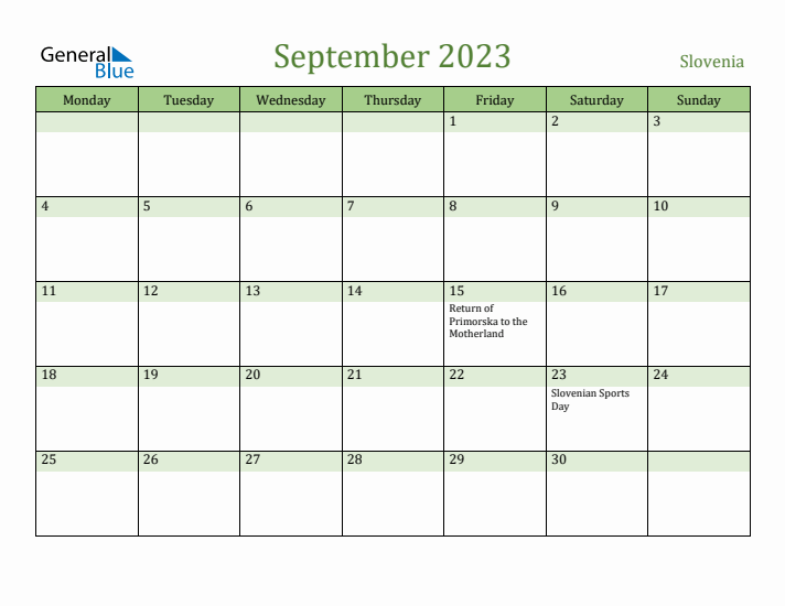 September 2023 Calendar with Slovenia Holidays