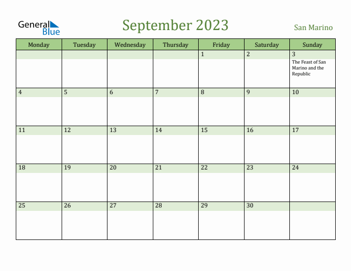 September 2023 Calendar with San Marino Holidays