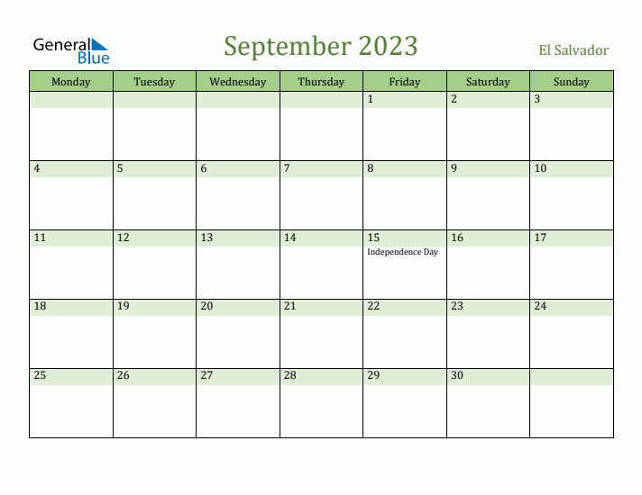 September 2023 Calendar with El Salvador Holidays
