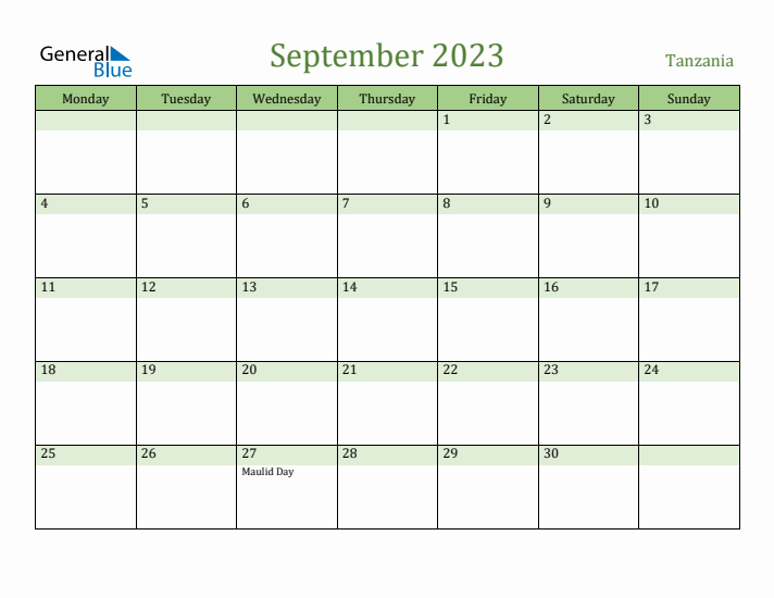 September 2023 Calendar with Tanzania Holidays