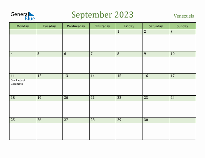 September 2023 Calendar with Venezuela Holidays