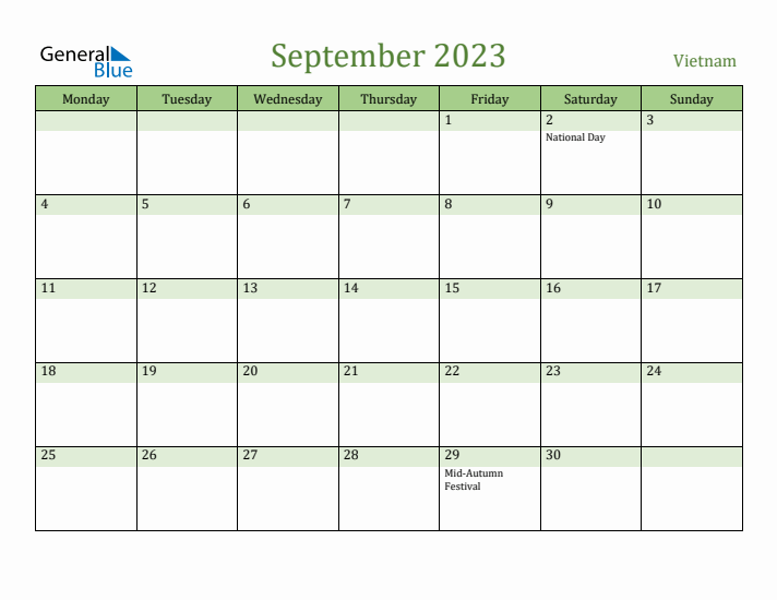 September 2023 Calendar with Vietnam Holidays