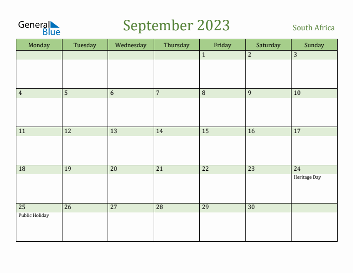 September 2023 Calendar with South Africa Holidays