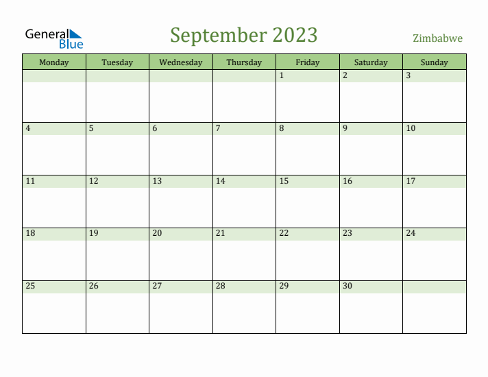 September 2023 Calendar with Zimbabwe Holidays