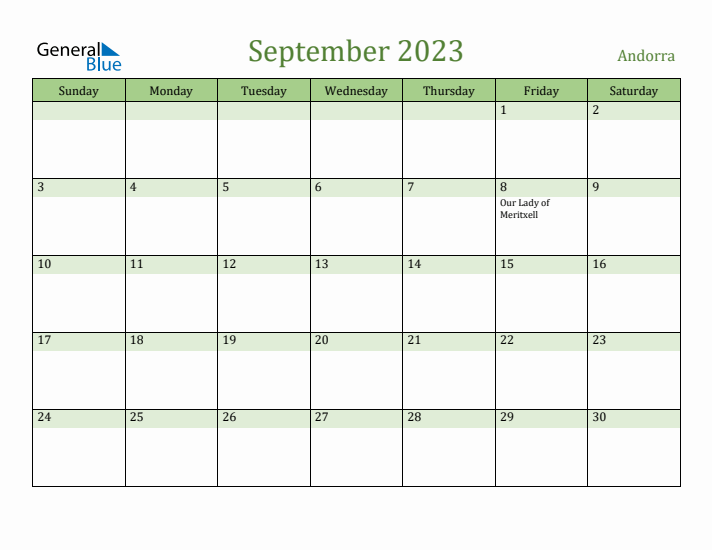 September 2023 Calendar with Andorra Holidays