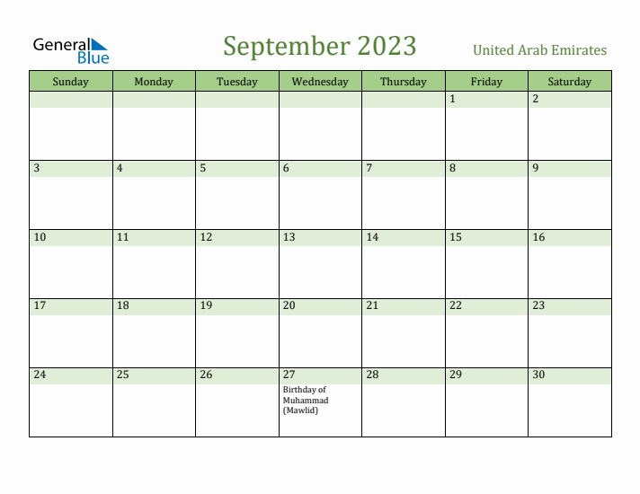 September 2023 Calendar with United Arab Emirates Holidays