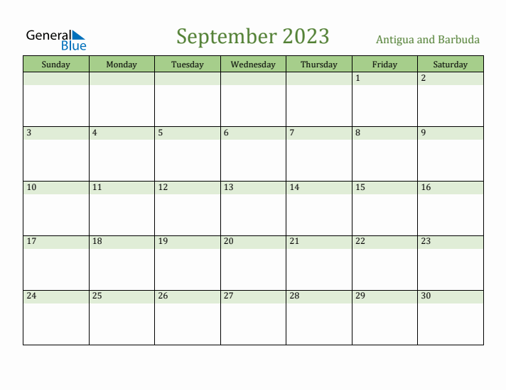 September 2023 Calendar with Antigua and Barbuda Holidays