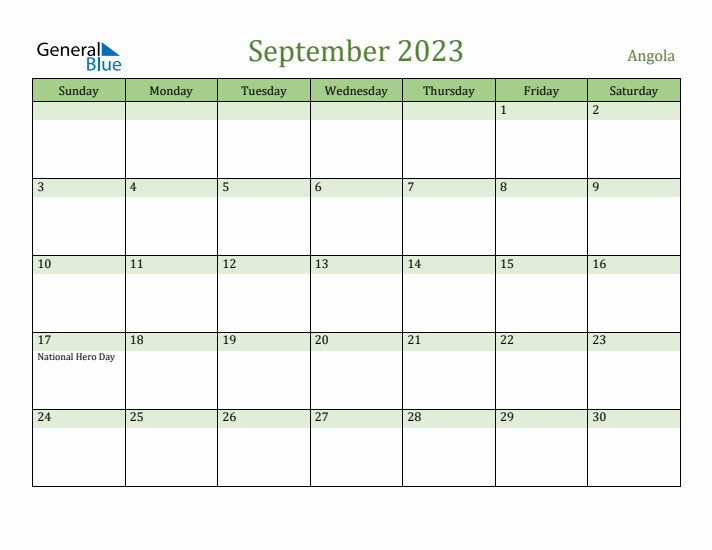 September 2023 Calendar with Angola Holidays