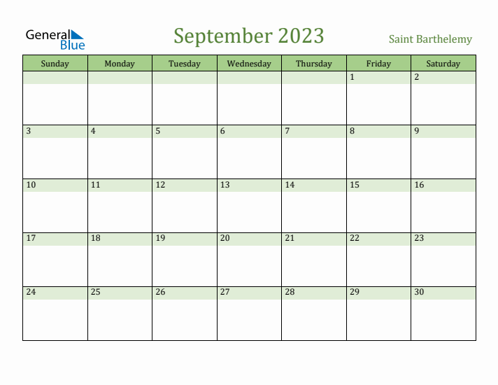 September 2023 Calendar with Saint Barthelemy Holidays