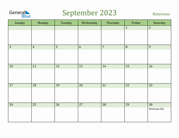 September 2023 Calendar with Botswana Holidays