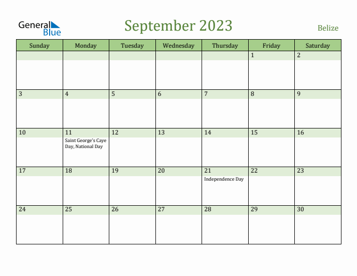 September 2023 Calendar with Belize Holidays