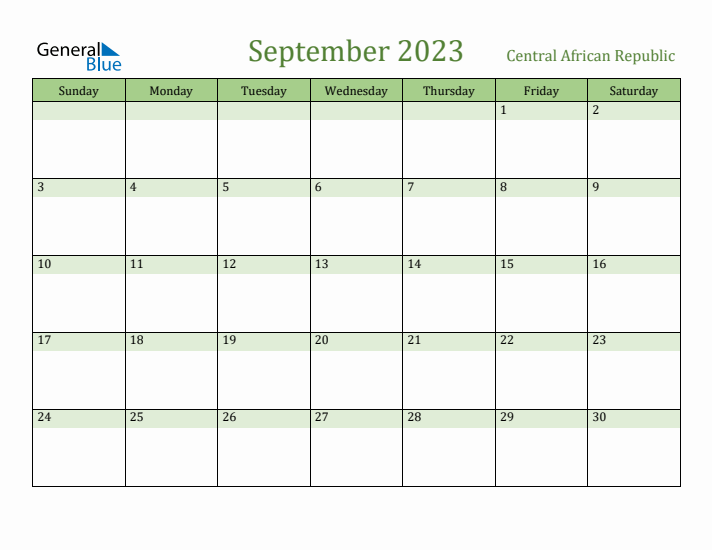 September 2023 Calendar with Central African Republic Holidays