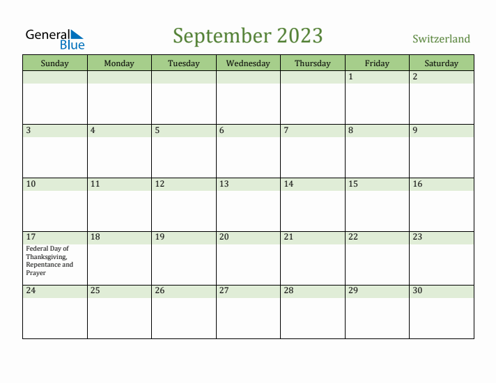September 2023 Calendar with Switzerland Holidays