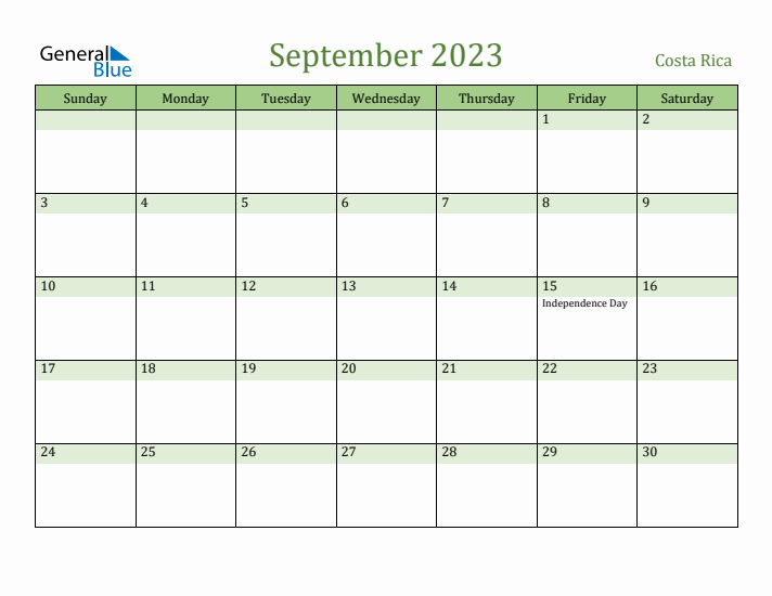 September 2023 Calendar with Costa Rica Holidays
