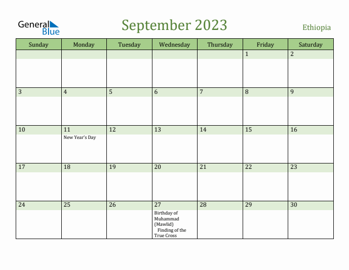 September 2023 Calendar with Ethiopia Holidays