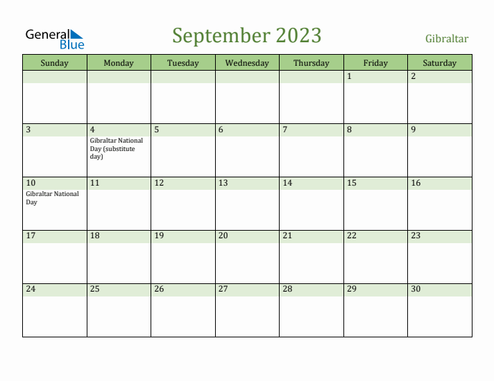 September 2023 Calendar with Gibraltar Holidays