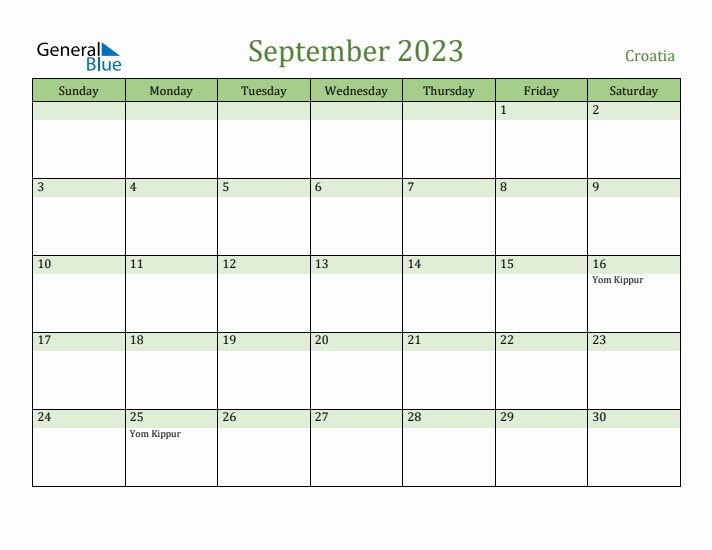 September 2023 Calendar with Croatia Holidays