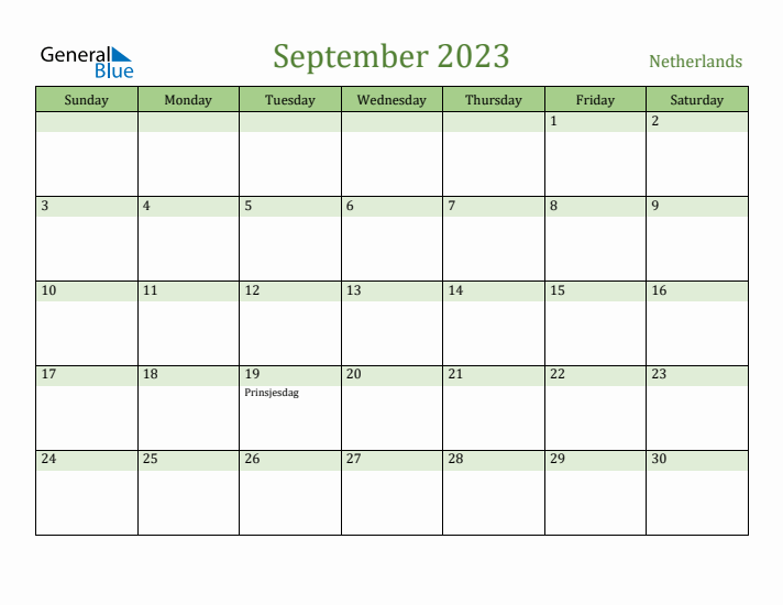 September 2023 Calendar with The Netherlands Holidays