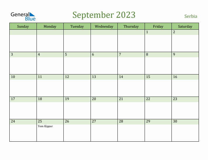 September 2023 Calendar with Serbia Holidays
